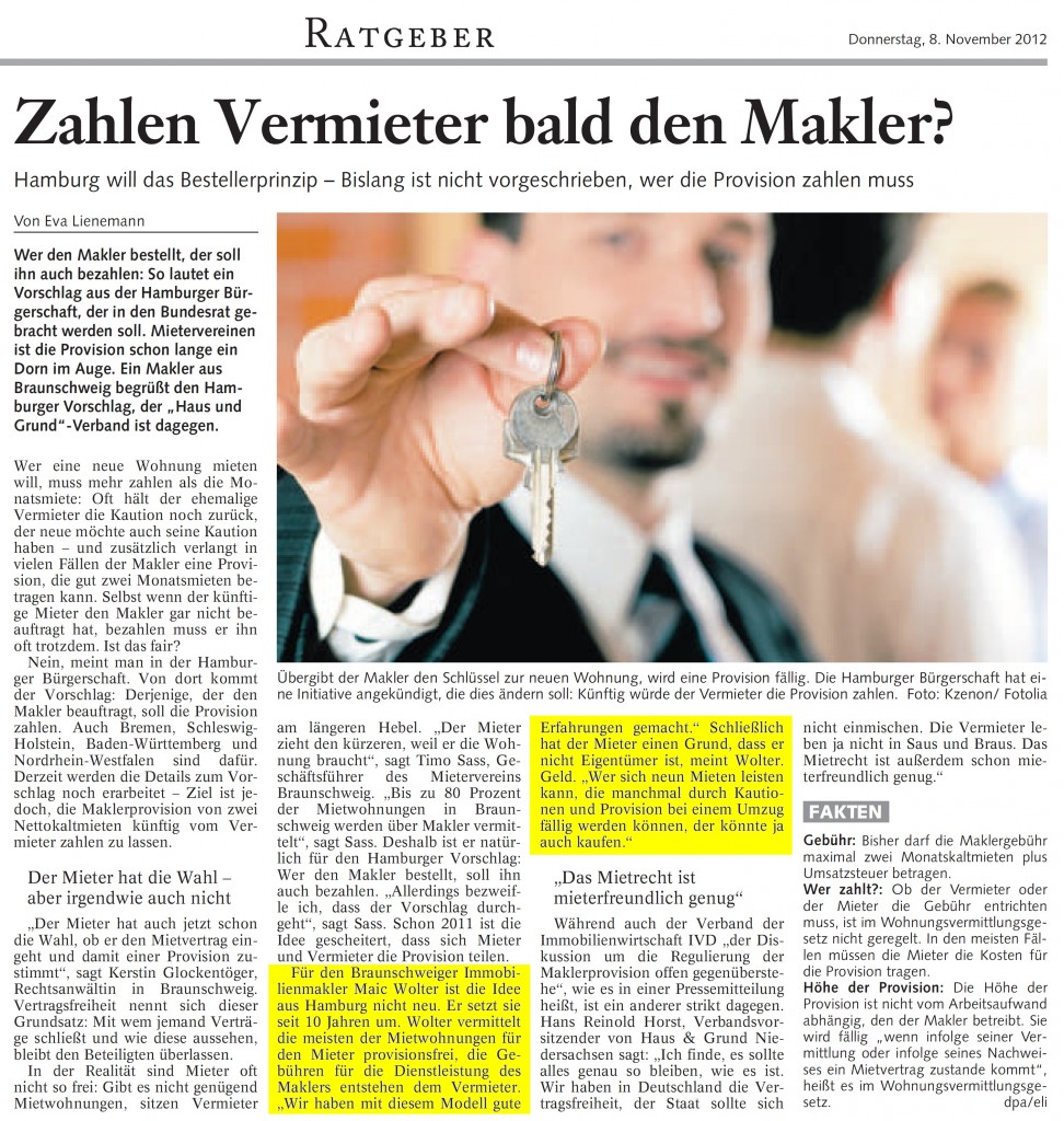 Zeitungsartikel der Braunschweiger Zeitung vom 08. November 2012 zum Thema Makler in Braunschweig