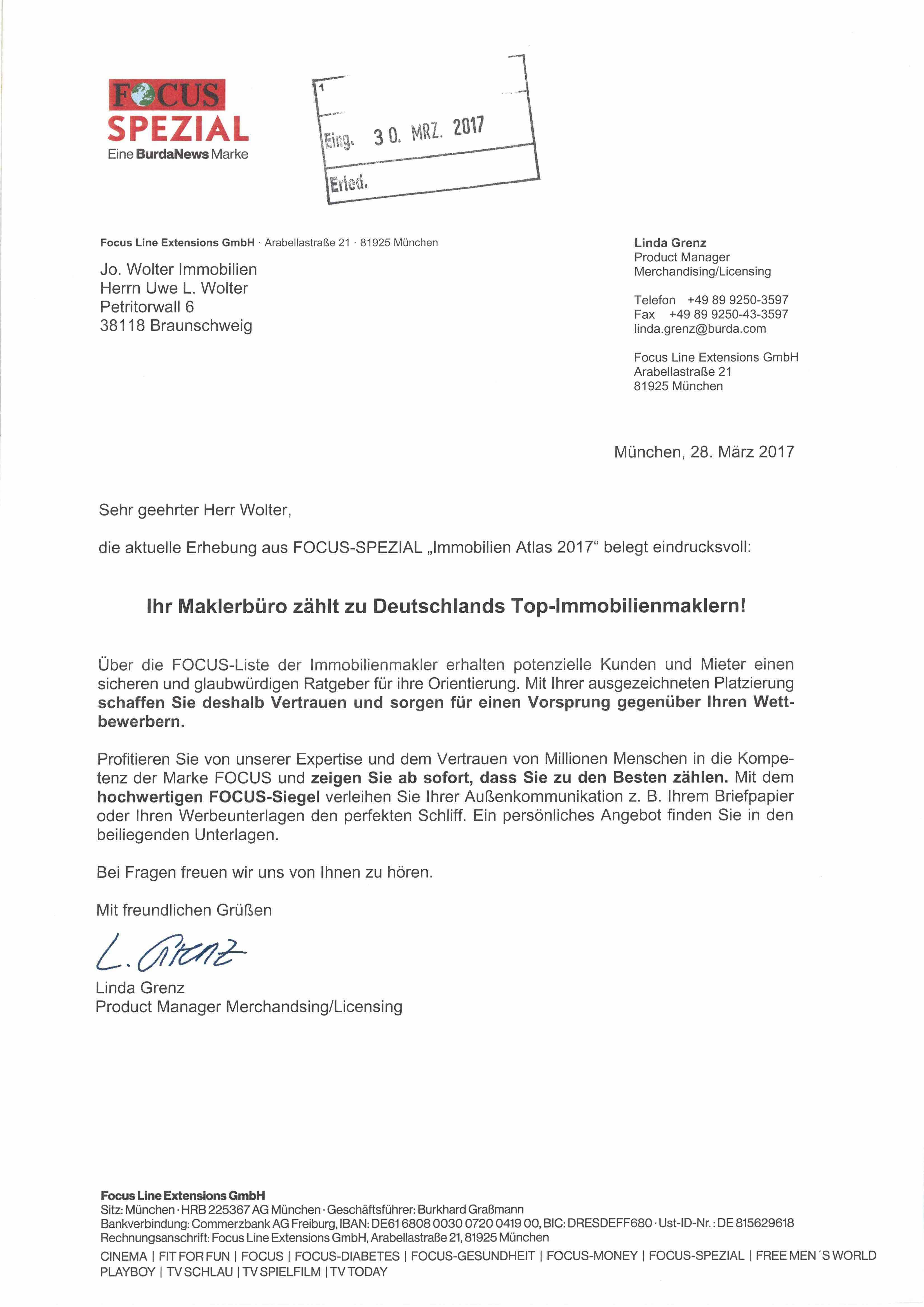 Ernennungsschreiben zum TOP-Makler Braunschweig